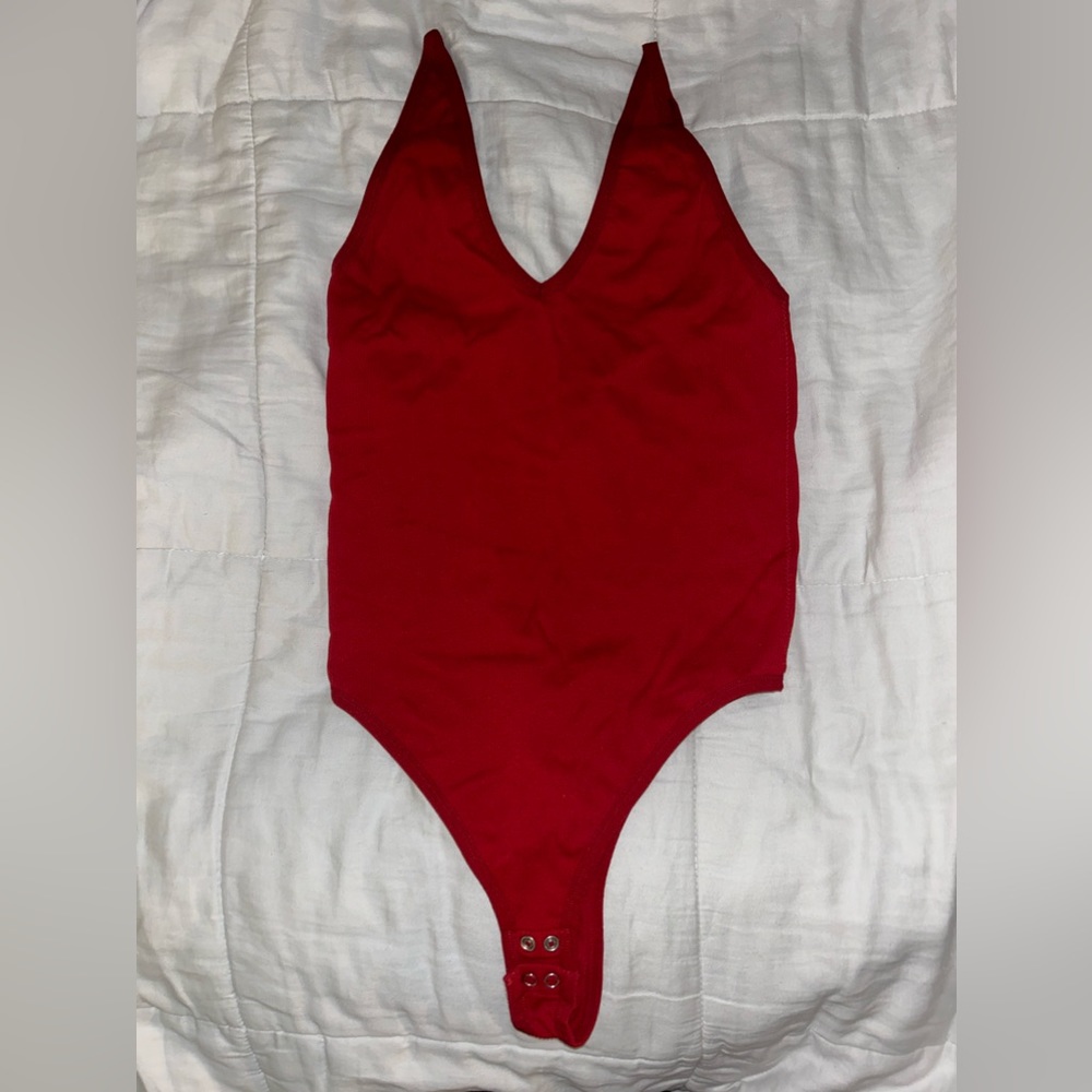 Red Seamless Garage Plunge Tank Top Bodysuit With Snap Closure